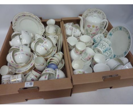 Wedgwood 'Meadow Sweet' coffee set, Noritake coffee cups and saucers, Coalport and other decorative teaware in two boxes  Con