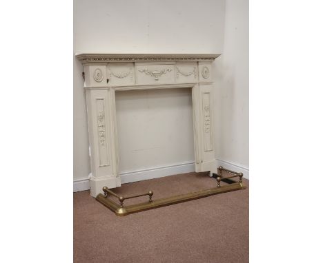 Adams style white painted fire surround and a 19th century telescopic brass fire fender  Condition Report Click here for furt