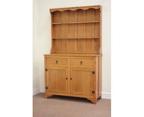Light oak dresser fitted with two cupboard and two drawers, two heights plate rack above, W110cm, H184cm, D44cm Condition Rep
