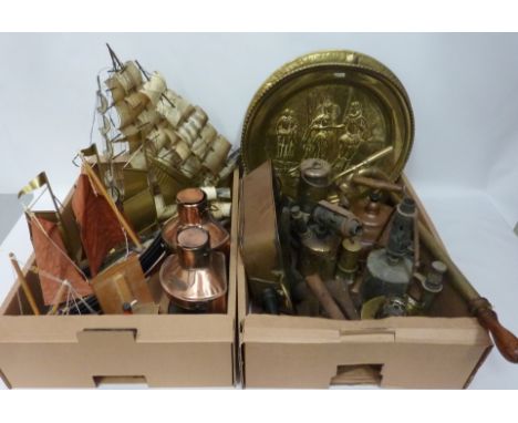 A pair of ships copper 'port' and 'starboard' lamps, miners lamp, trench art, a horn model ship and other items in two boxes 