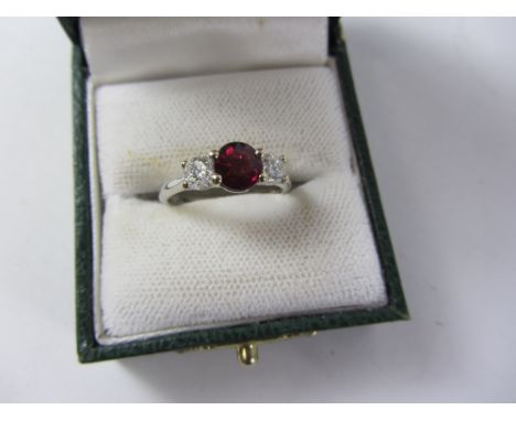 Three stone ruby and brilliant cut diamond white gold ring hallmarked 18ct - ruby approx 1 carat Condition Report Click here 