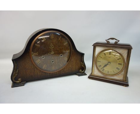 Oak finished mantle clock by Smiths, striking Westminster chimes (W 34cm, H 23cm), including another by Metamac (2) Condition