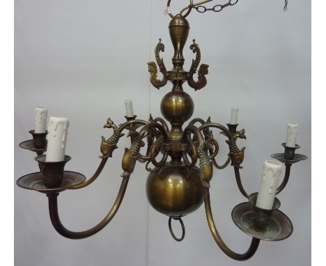 Six branch brass Dutch style chandelier decorated with sea serpents H 57cm  Condition Report Click here for further images, c