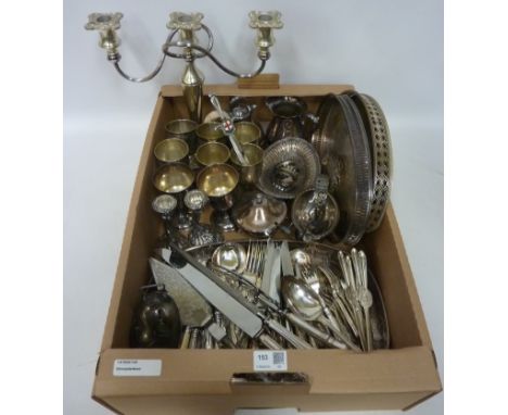 Silver-plate cutlery sets, serving trays, centre piece candle stick and other silver plate in one box  Condition Report Click