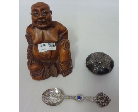 Eastern carved wood Buddha, white-metal caddy spoon and a small white-metal ebony box  Condition Report Click here for furthe