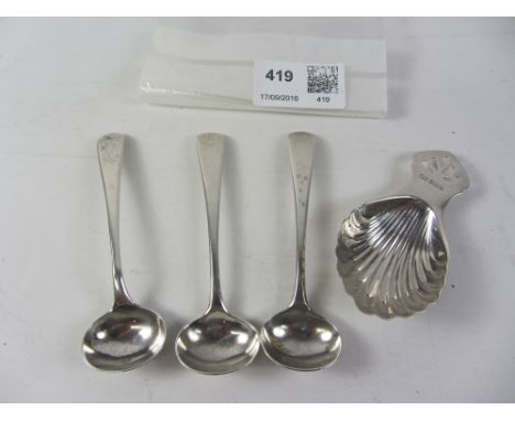 Set of three Georgian silver mustard spoons by Christopher & Thomas Wilkes Barker London 1802 and a silver caddy spoon Birmin