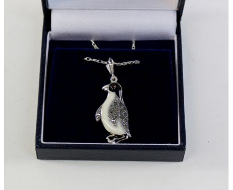 Marcasite and enamel penguin pendant necklace stamped 925 Condition Report Click here for further images, condition, auction 