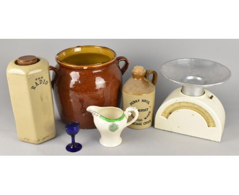 A Collection of Various Items to Comprise 19th Century Glazed French Confit Jar, The Radio Stoneware Bottle, Scales, The Rail