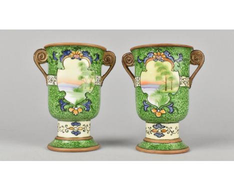 A Pair of Noritake Vases Having Hand Painted Landscape Cartouches on Green Mottled Ground, 12cm high