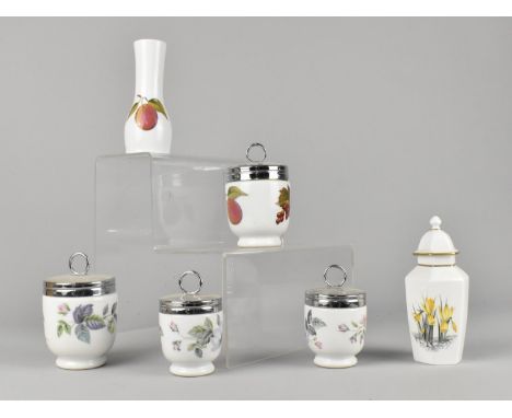 Four Royal Worcester Egg Coddlers Together with a Matching Shaker and a Daffodil Pattern Lidded Vase