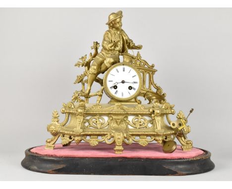 A Late 19th Century French Mantel Clock on Ornate Gilt Base, the Barrel Movement with Young Boy Sat with Basket, Complete wit
