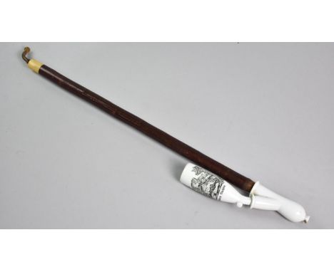 A Vintage Black Forest Pipe with Ceramic Bowl Decorated with Stag Hunting Scene, 55cms Long