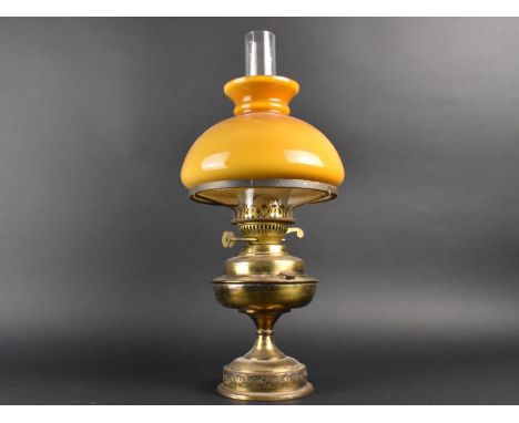 A Late 19th / Early 20th Century Brass Based Oil Lamp with Duplex Controls, Opaque Glass Shade and Plain Glass Chimney, 48cms