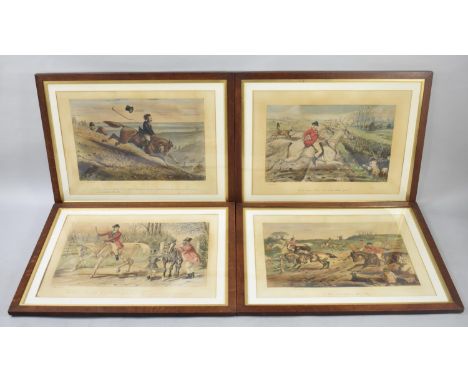 A Set of Four Oak Framed Hunting Lithograph Prints by John Leech, Each 60x50cms