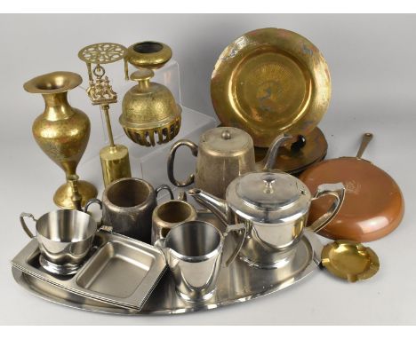 A Collection of Various Metalwares to Comprise Old Hall Stainless Steel, Three Piece Silver Plated Tea Service, Indian Brass 