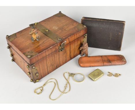 A Brass Mounted Box with Hinged Lid Containing Bridge Card Set, Leather Two Division Cigar Case, Carved Black Forest Bear and