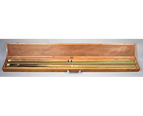 A Wooden Snooker Cue Box Containing Halex and Goldmaster Cues