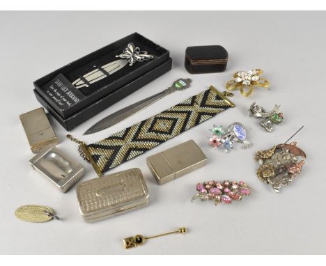 A Collection of Various Items to Comprise 19th Century Snuff Box, Brooches, Vesta Case, Letter Opener, Bookmark Etc