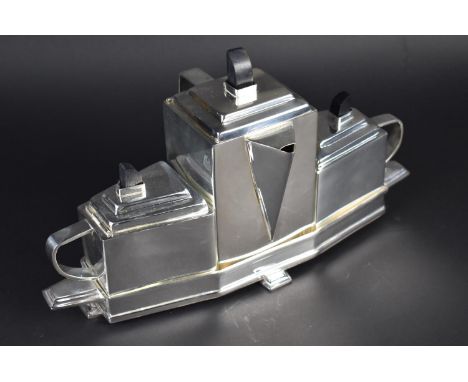 A Reproduction Art Deco Silver Plated Three Piece Tea Service on Fitted Tray, 38cms Wide and 21.5cms High