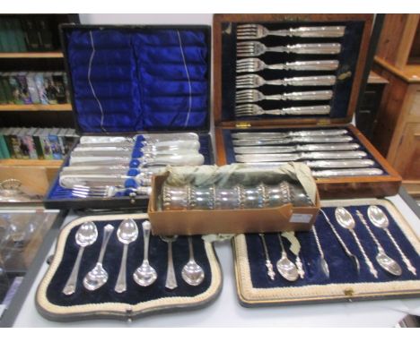 a late 19th century cased set of apostle spoons, a plated fish knife and fork set, a cased set of silver teaspoons etc.  