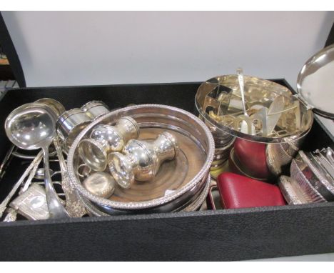 A cased set of eight silver coffee spoons, a silver trinket box, a silver toastrack, salt and pepper etc together wtih a smal