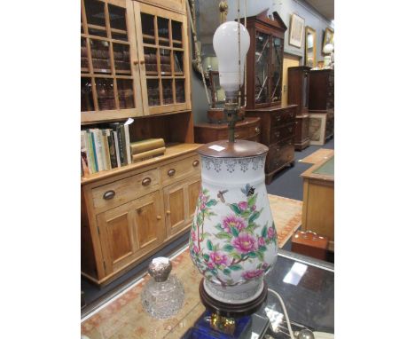 A vase lamp, convex wall mirror, cut glass scent bottle with silver mounts and a tea caddy (4)  