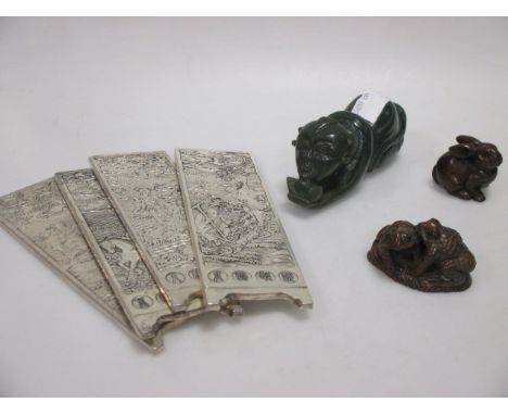 A large collection of mother pearl counters in lacquered box (270), two wooded netsukes signed, a jade figural rest and four 