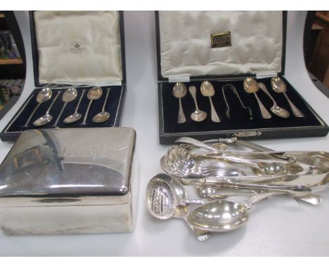 Caddy spoons, sugar nips, teaspoons, cigarette box etc  
