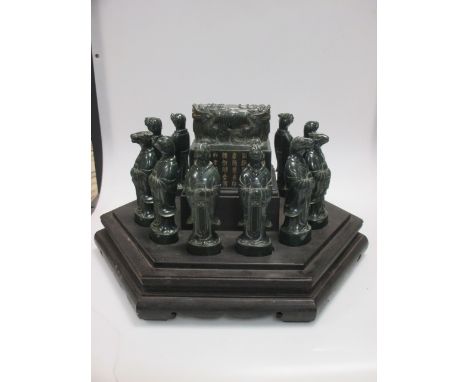 A boxed presentation set of twelve spinach jade figural seals together with a Qianlong marked great seal  