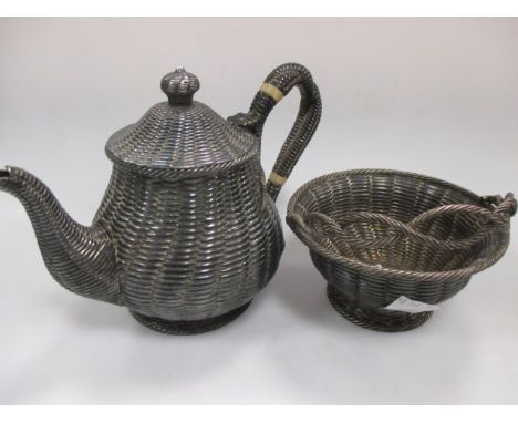 A Victorian silver two piece 'basket weave' tea service, comprising bachelors teapot ans sugar bowl with swing handle (2)  