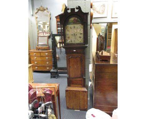 An oak longcase clock with painted 'shooting scene' dial  