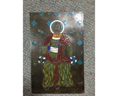 A Russian champleve enamelled copper icon, worked with a seated figure of God the Father, 25 x 16.5cm (9.75 x 6.5 in) Provena