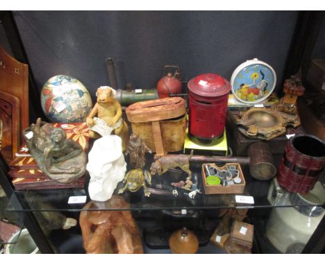 A large collection of miscellaneous objects including plane dominoes, a Sooty clock, four Minton tiles, a model train, a pain