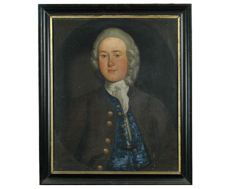 Provincial Follower of Thomas Hudson (British, 18th Century) - Portrait of a Gentleman, half length, in a brown coat and blue