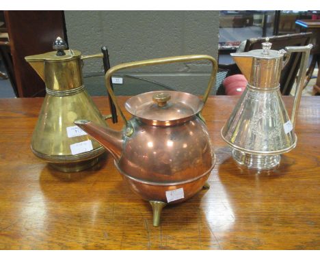 Attributed to Christopher Dresser, two similar lidded jugs, the first of electroplate for Walker & Hall, the second of brass 
