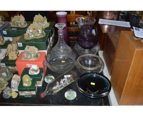 A quantity of glassware to include cut glass decanter and stopper; coloured glass vase; coloured glass bowl; ship in bottle e