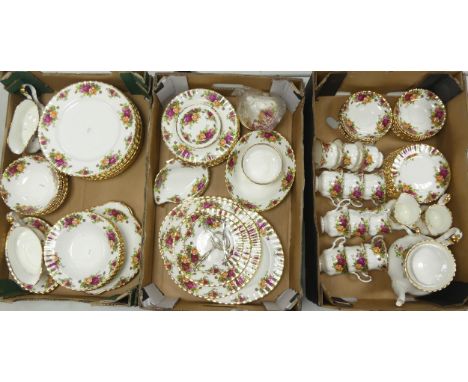 A large collection of Royal Albert Old Country Roses to include 11 dinner plates. 2 cake plates, 6 rimmed bowls, 7 bowls, 2 g