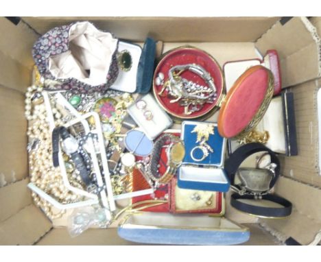 A collection of vintage costume jewellery including ladies and gents watches, Silver, Wedgwood brooch, beads, pendants, chain
