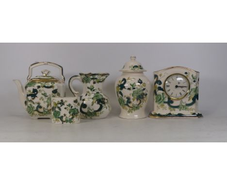 Five Masons Chartreuse Pattern Items to include teapot, lidded vase, mantle clock, jug and small vase. (5)