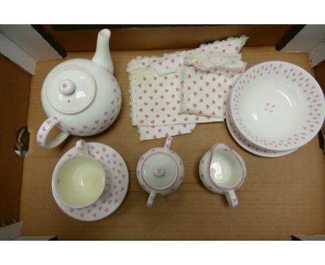 Nina Campbell Staffordshire Bone China Teaset in Pink Hearts Pattern. Includes Teapot, Lidded Sugar Bowl, Milk Jug, Two Bowls