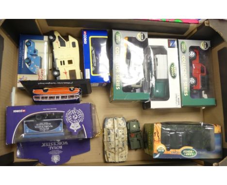 A collection of toy cars to include Land Rover Defender 1994, Land Rover Discovery, Corgi Mercedes Benz 500 SL, Jeep, Royal W