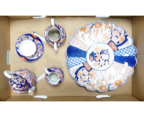 Japanese Imari Porcelain items Large Shallow Plate, Teapot, Cream Jug and Twin Handled Sugar Bowl, Cup and Saucer (1 Tray)