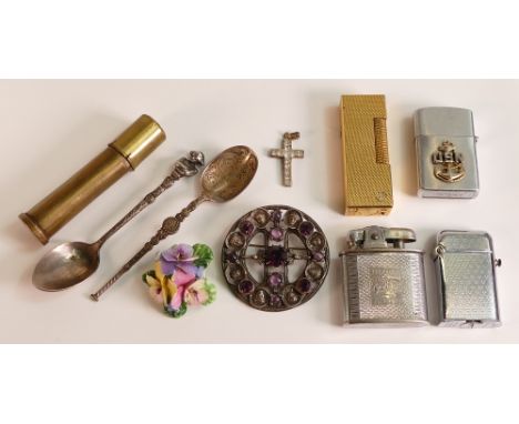 A collection of cigarette lighters including Dunhill, Zippo, Coronation 1963, trench art lighter, brooches, spoons etc