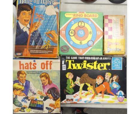 A collection of vintage games to include Hats Off, Hang on Harvey, Twister, Magnetic Chess, etc (5)