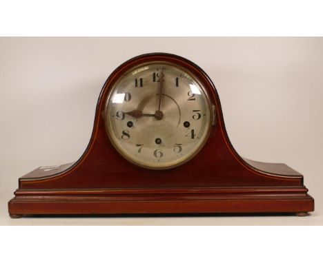 Early 20th Century Inlaid Napoleon Hat Type Mantle Clock with Arabic Numeral Dial. Some wear to face. Rear of mechanism impre