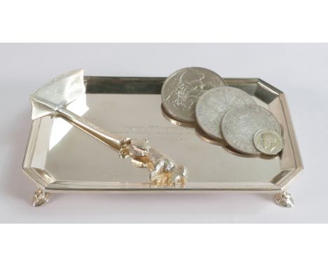 Silver small card tray (with engraved dedication) by Hamilton &amp; Inches Edinburgh and a novelty childs silver pusher with 