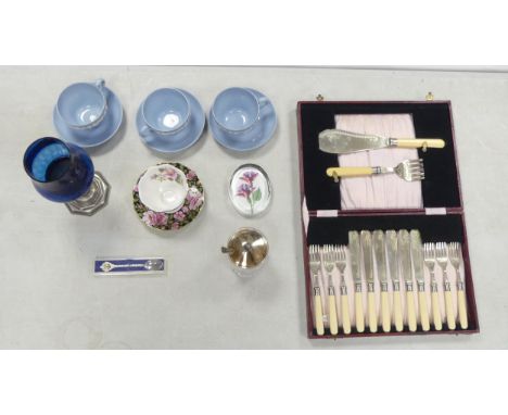 A mixed collection of items to include Wedgwood Queensware cups and saucers x3, glass paperweight, Royal Albert Alberta Rose 