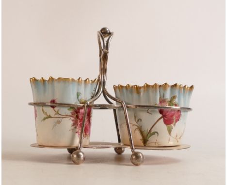 Carlton ware Wiltshaw &amp; Robinson Ivory Blush ware milk jug and open sugar bowl in silver plated stand. Both in the Poppy 