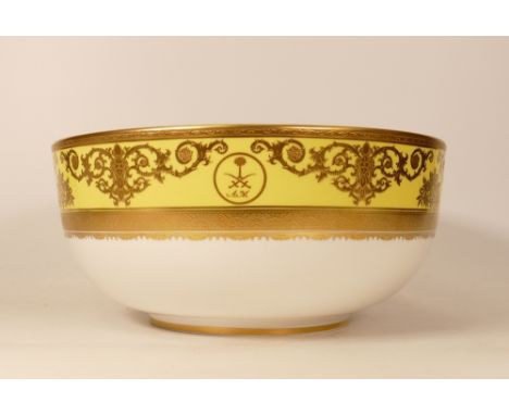 Large De Lamerie Fine Bone China heavily gilded Special Commission Exotic Garden patterned Fruit Bowl with Saudi Motif, speci