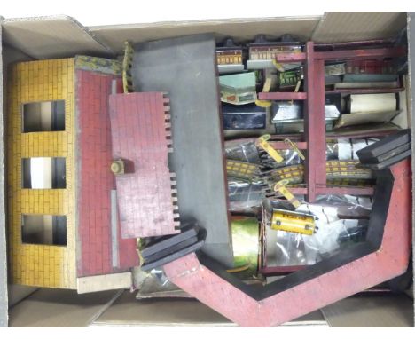 A collection of vintage tin train carriages and accessories to include Shell tank car, platform, tunnel, tracks, LMS 1, LMS 2